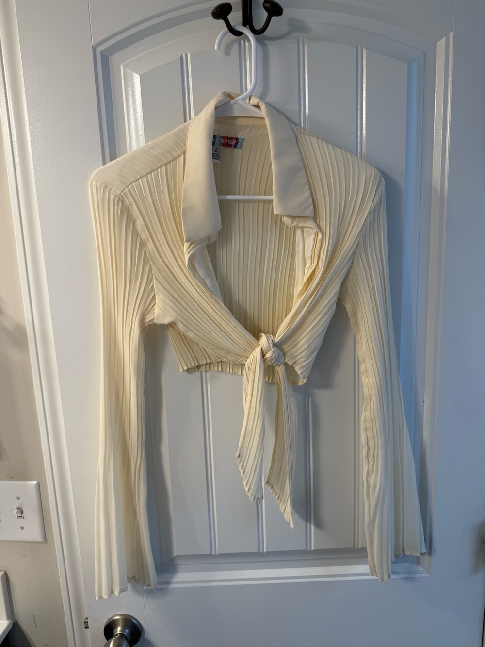 Urban Outfitters Cream Pleated Tie-Front Long Sleeve Crop Top